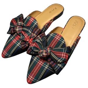 J. Crew Plaid Bow Mule Flats Shoes Women  10 Tartan Pointed Toe Slip On Holiday